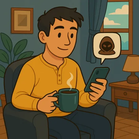 一个男人舒适地坐在椅子上，手里拿着冒着热气的咖啡杯，查看他的智能手机，消息气泡显示一个匿名面具或黑客图标，周围是温暖的客厅，有窗户、灯和植物。