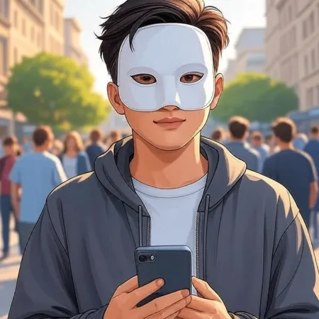 一位身穿灰色連帽外套、戴著白色面具的年輕男子，手持智能手機，注視著鏡頭，站在擁擠的街道上。