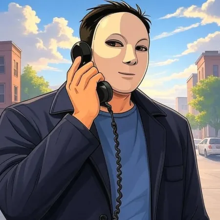 一个穿着白色面具、深色夹克和蓝色T恤的男人，在一部老式黑色电话的听筒里说话，背景是一条城市街道。