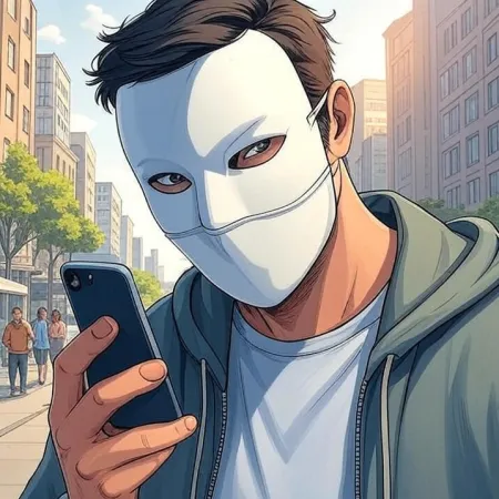 一个穿着白色面具和连帽衫的男子在城市街道上看着他的手机。图像采用卡通或漫画风格。
