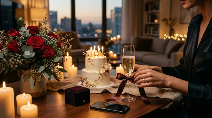 一位微笑嘅女士坐喺現代化廚房度望住佢嘅手機,背景有兩個男人向佢遞上插住點燃蠟燭嘅生日蛋糕。